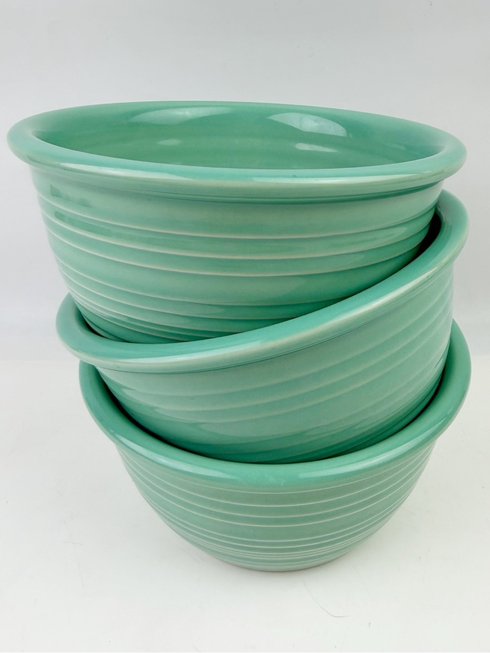 3 Crate & Barrel Farmhouse Mint Green Ribbed Soup Cereal Bowls 6” Pottery EUC